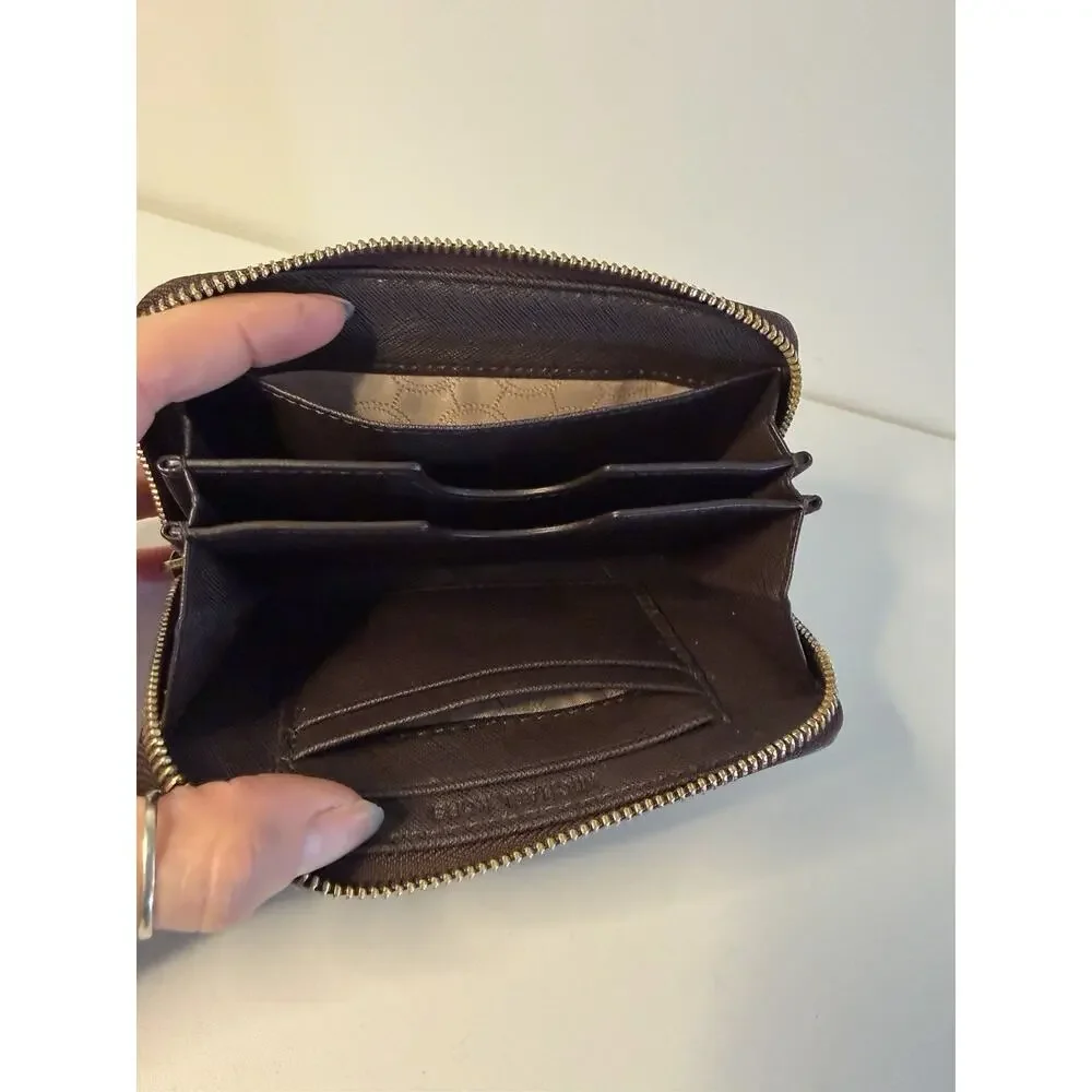 Michael Kors Saffiano Leather Studded Zip Around Wristlet Wallet Brown Gold